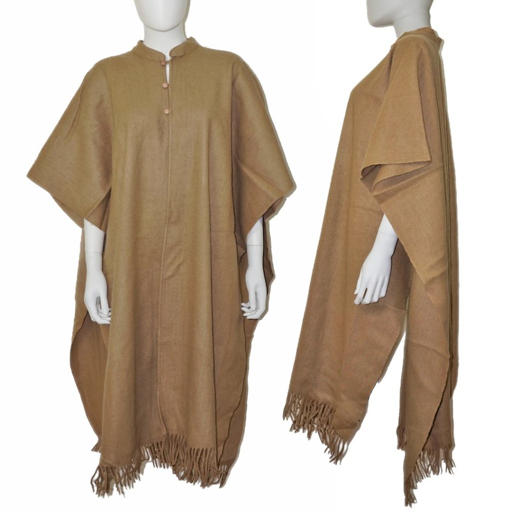 VINTAGE Molina Wool Camel Fringe Poncho Cape